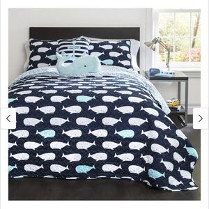 NEW Whale Reversible Quilt Full/Queen 5-Piece Set - Navy, White & Aqua